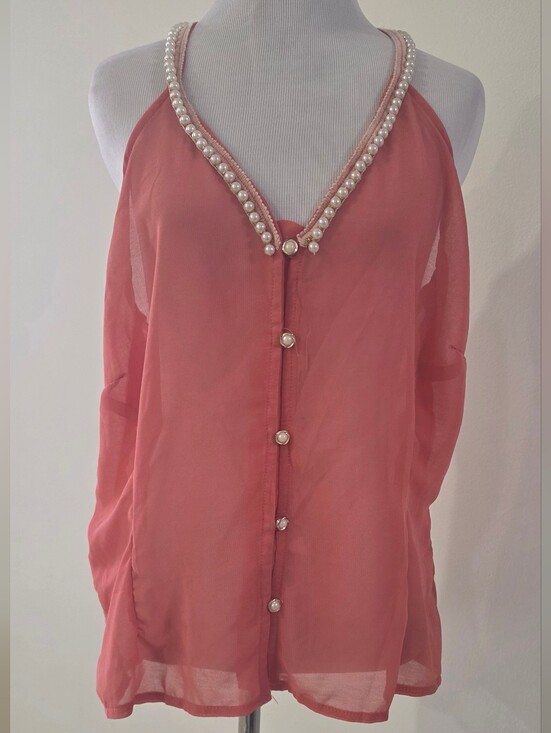 Tops - Sheer Pearl-Trim Sleeveless Blouse - Pink